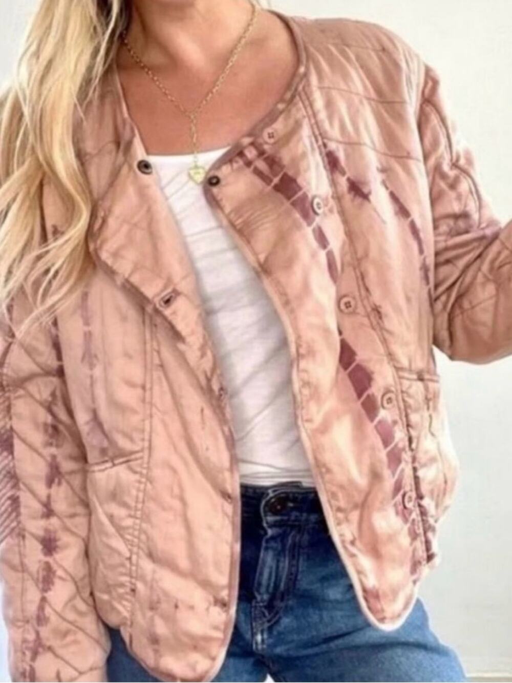 Anthropologie’a Marrakech Blush Pink Quilted Tie-Dye Bomber Jacket, S